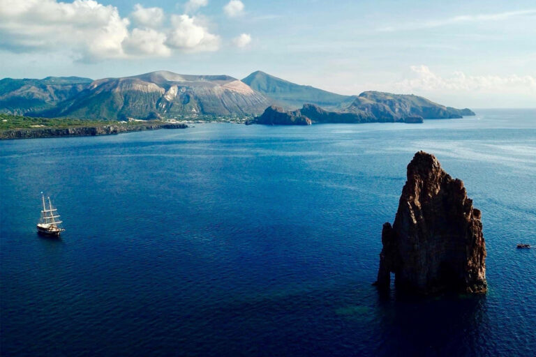 Sailing vessel Florette anchored off Vulcano, the Aeolian Islands, Italy