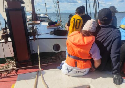 Gezinnen en gasten genieten aan dek tijdens een zeiltocht met de Kaat Mossel